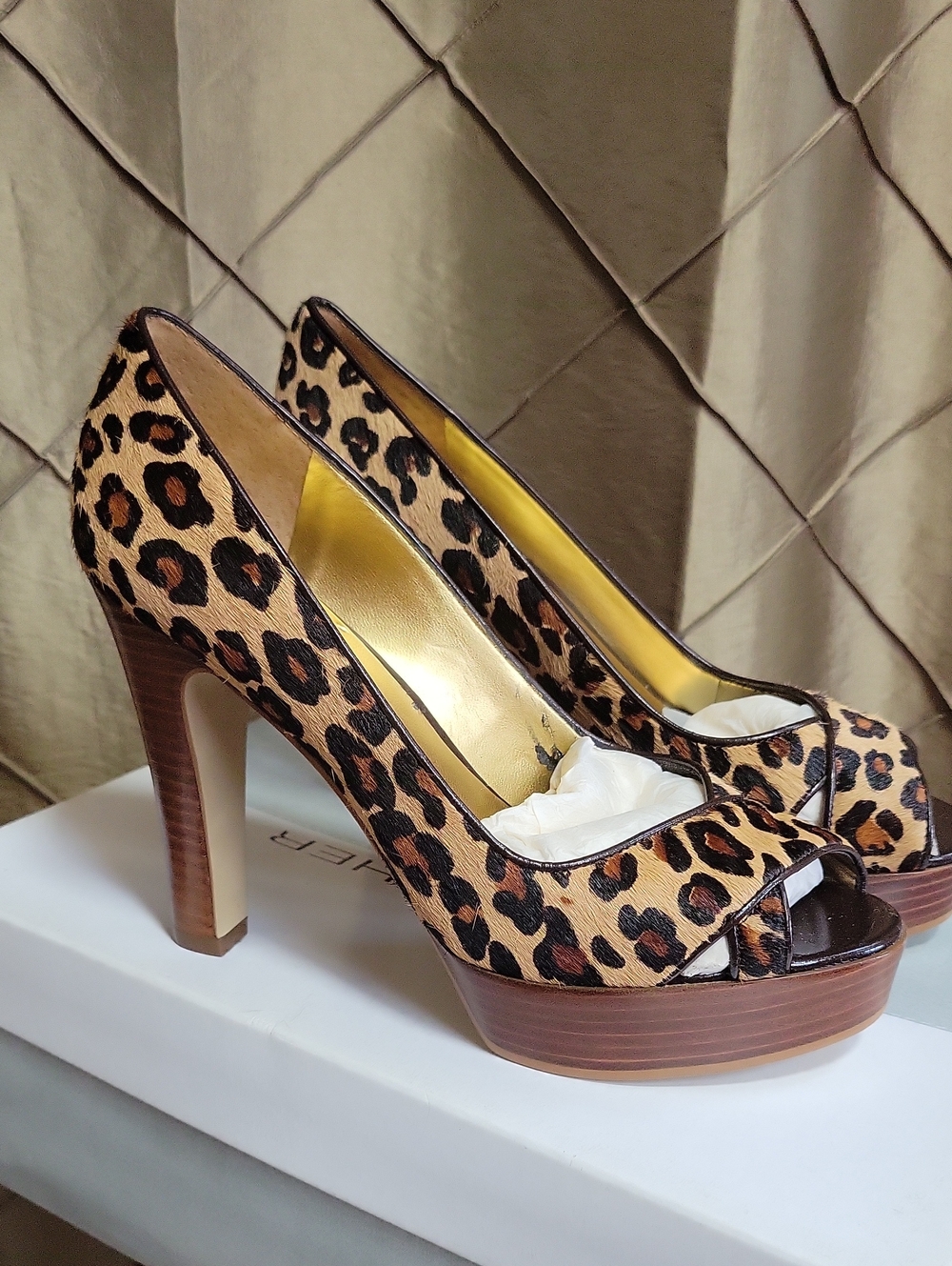 NWT- Marc Fisher Calf Hair Leopard Print Peep-Toe Platform- DAMAGED LINING